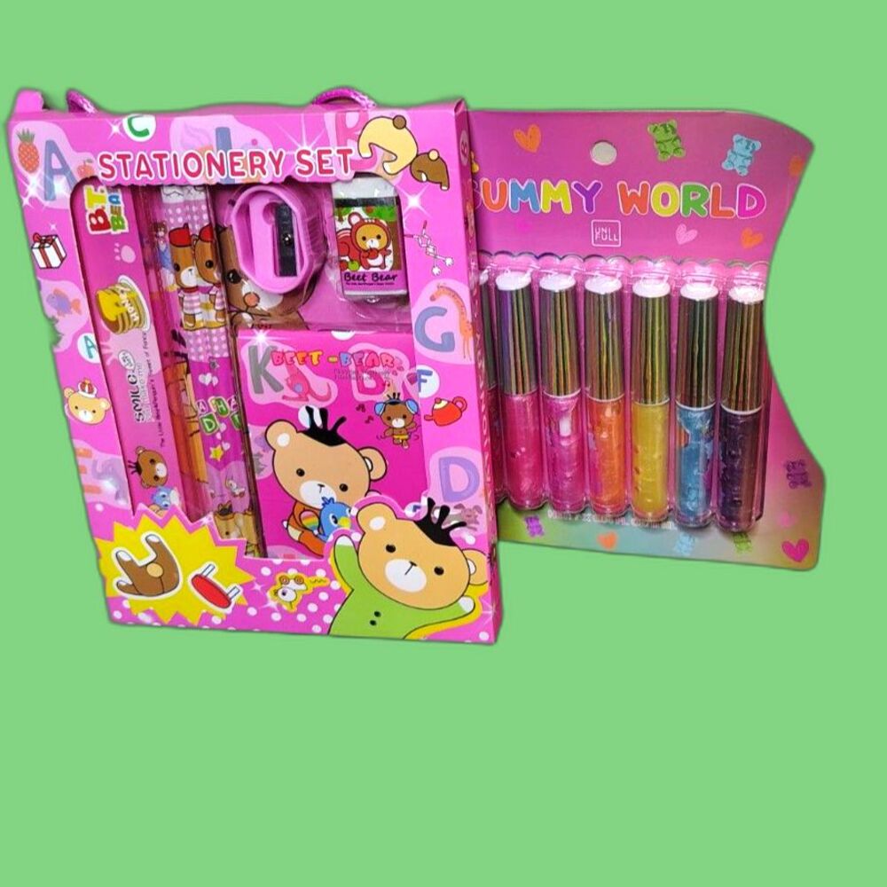 SANRIO HELLO KITTY STATIONERY & LIP GLOSS BUNDLE-2 MARKER SETS, GLOSS & SUPPLIES